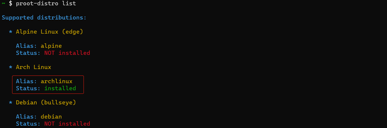 proot-distro list